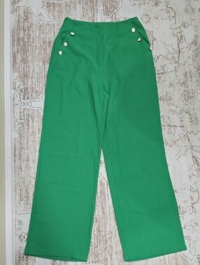 SHEIN Green Straight Leg Wide Pants with White Buttons